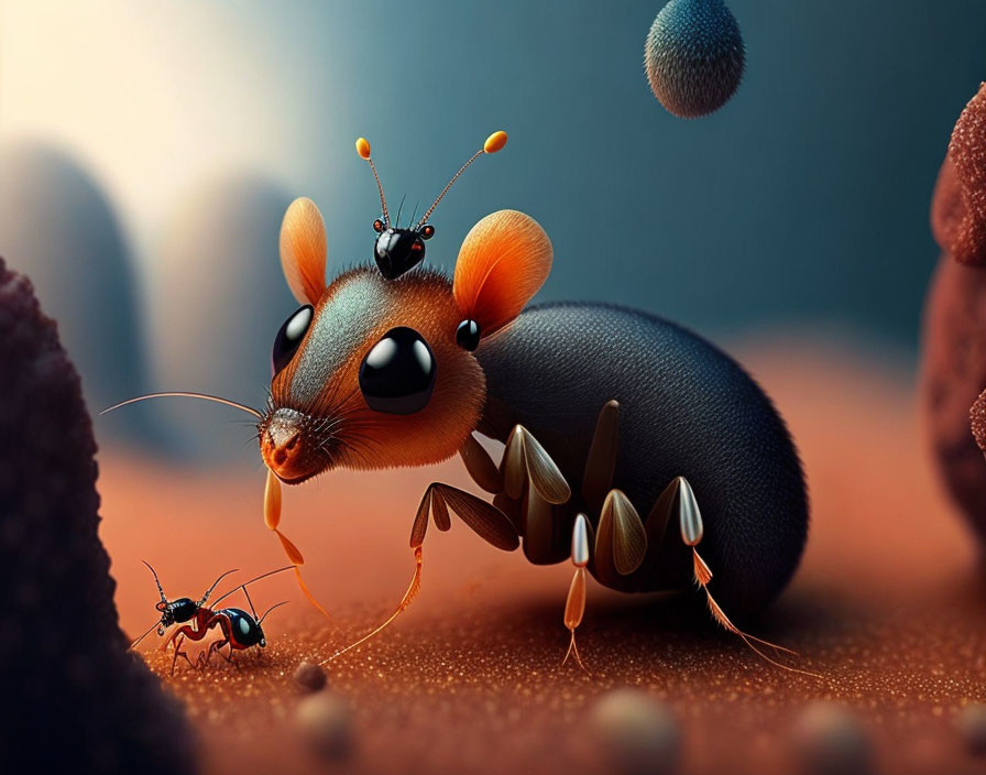 Cartoonish ant with mouse features beside traditional ant on sand