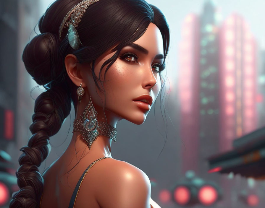 Digital artwork: Woman with braided updo, sparkly makeup, elaborate earrings, cityscape background