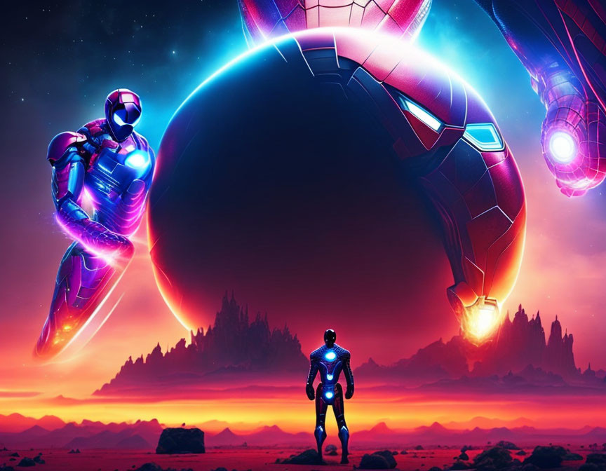 Armor-clad figures in vibrant illustration against crimson sky with celestial ring and rocky terrain