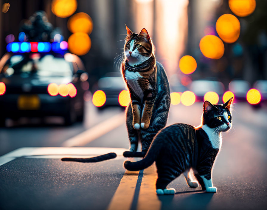 Two cats on city street at dusk with blurred city lights