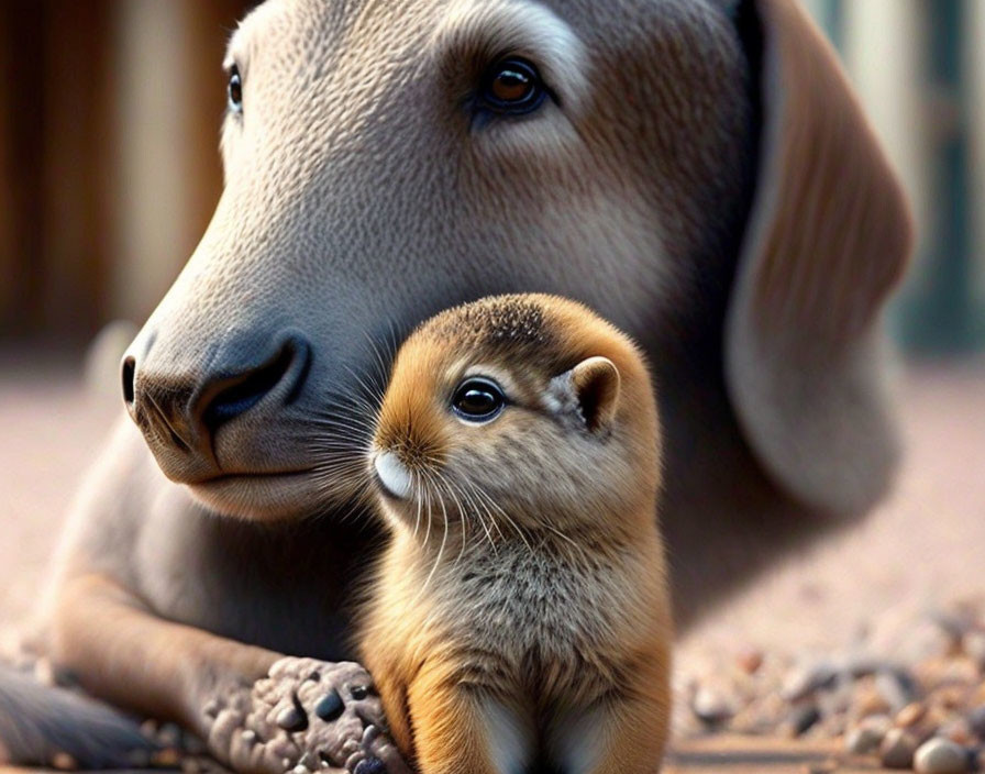 Close-up Image: Baby Chipmunk Snuggling Larger Kangaroo-Like Animal