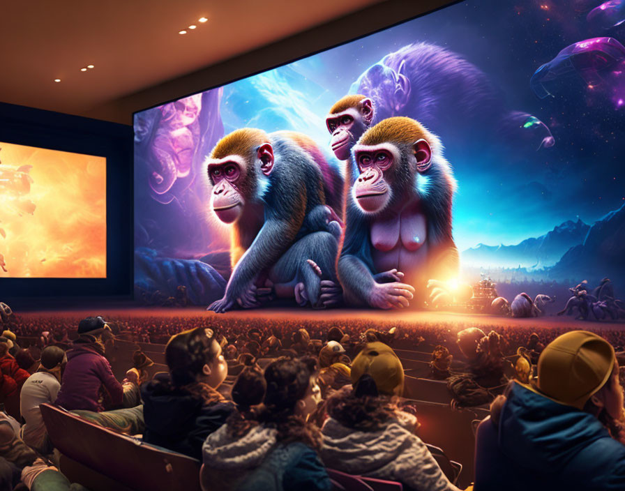 Colorful animated monkeys on large cinema screen with sci-fi background