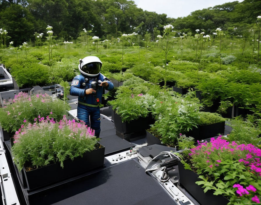 Astronaut in blue suit surrounded by lush green vegetation