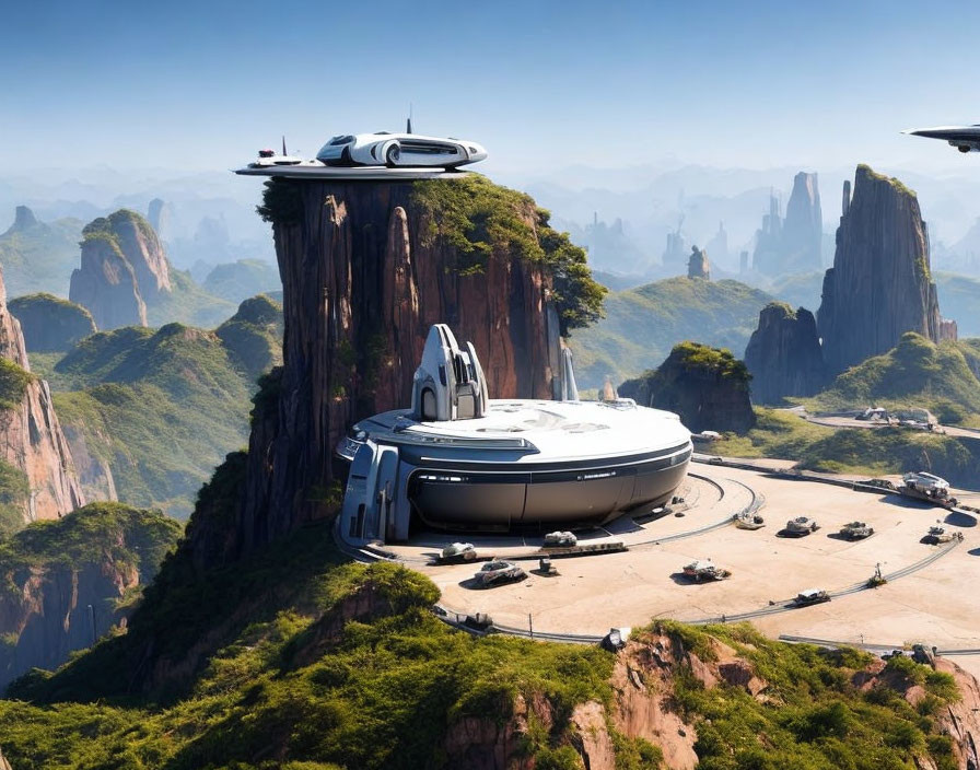 Advanced Vehicles and Futuristic Buildings in Green Mountain Setting