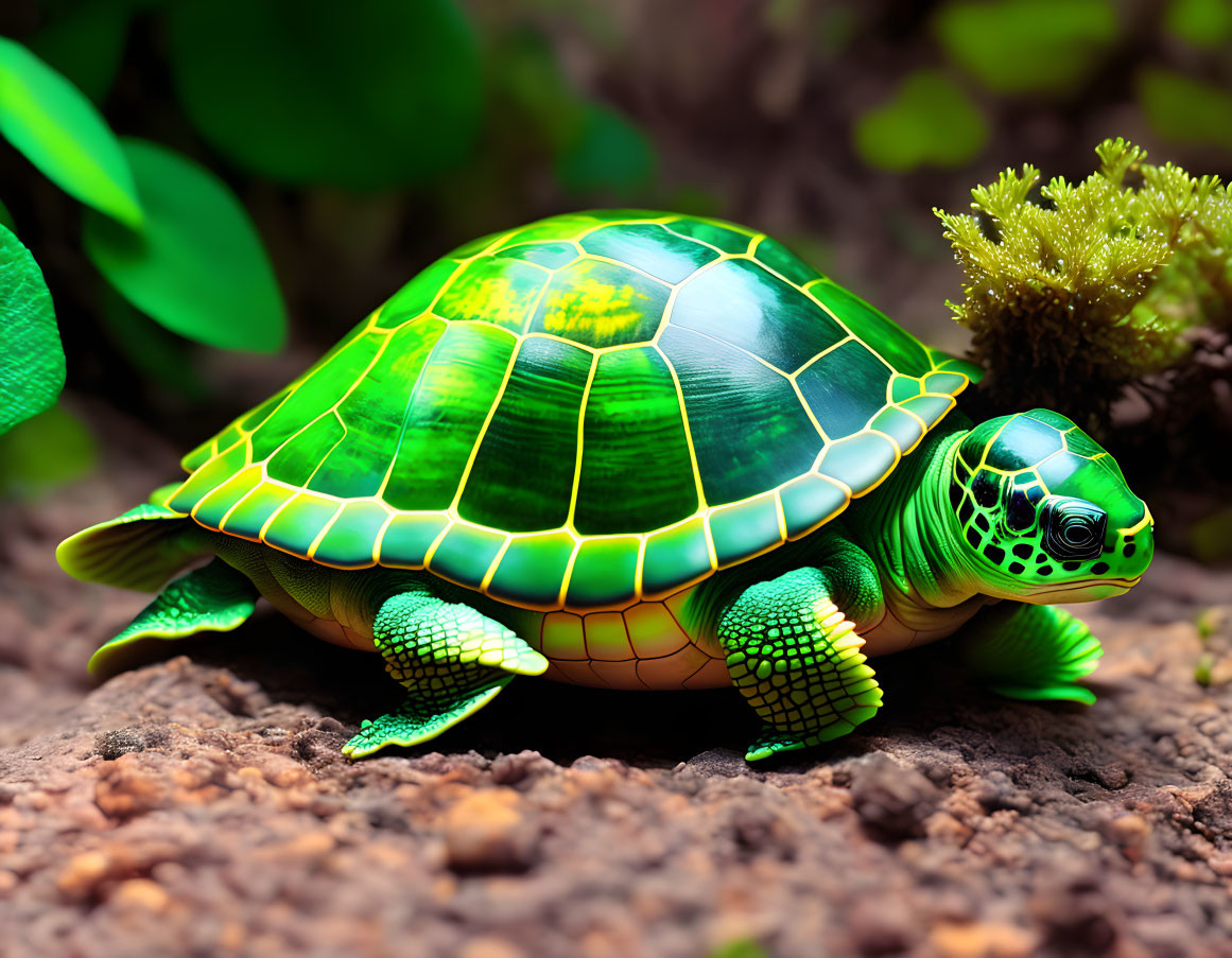 Colorful Turtle Walking Among Lush Greenery