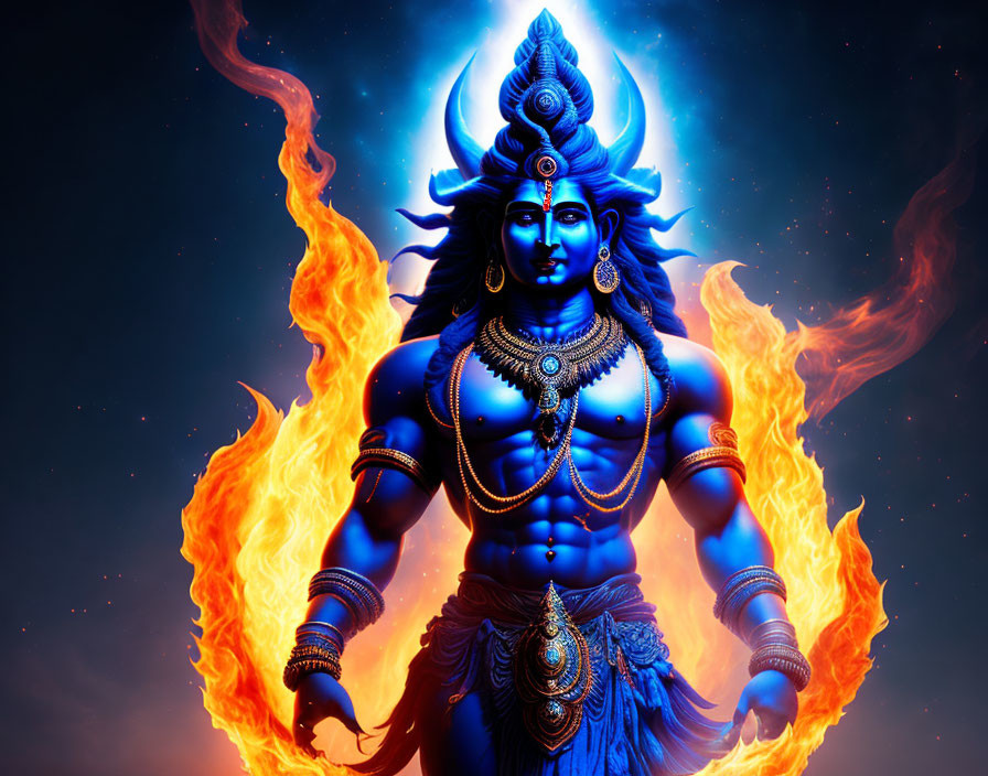 Blue-skinned deity with multiple arms in fiery cosmic scene