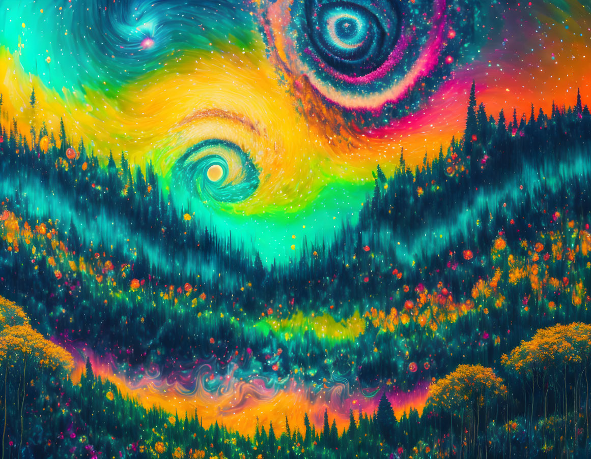 Colorful Psychedelic Landscape with Eye Pattern Above Vibrant Forest