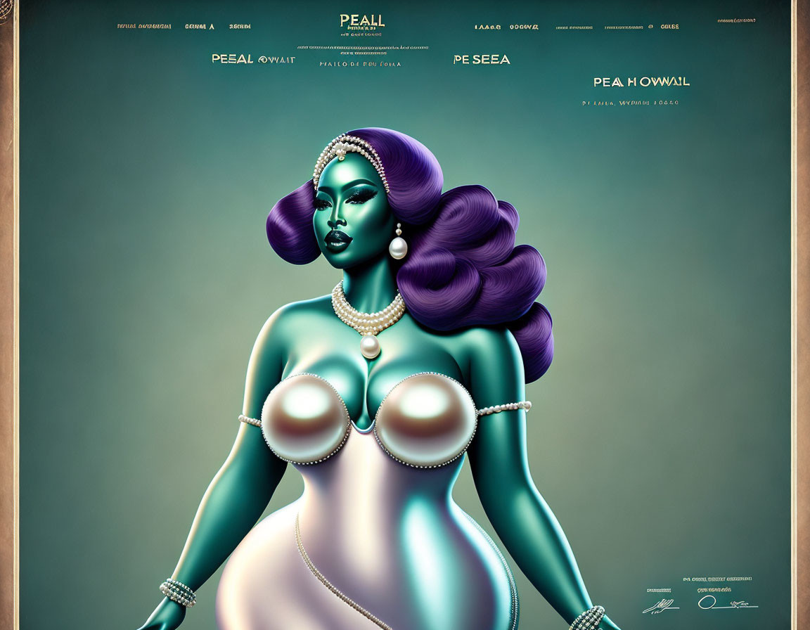 Stylized woman with purple hair and pearls on teal background poster