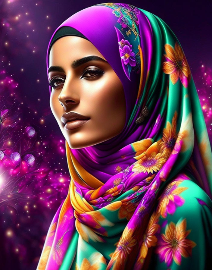 Vibrant floral hijab on woman with purple background & sparkling highlights