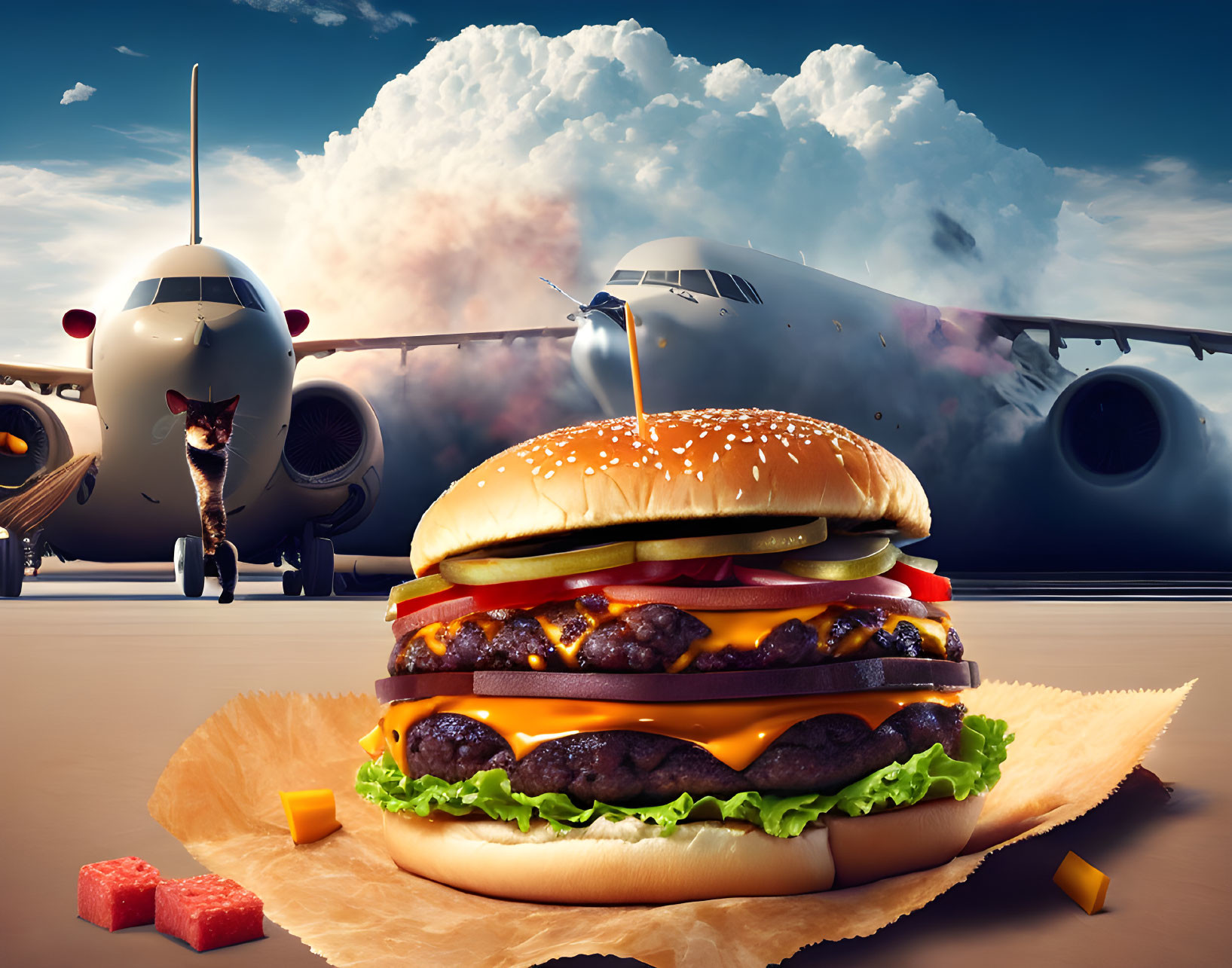 Double cheeseburger on parchment paper with airport backdrop.