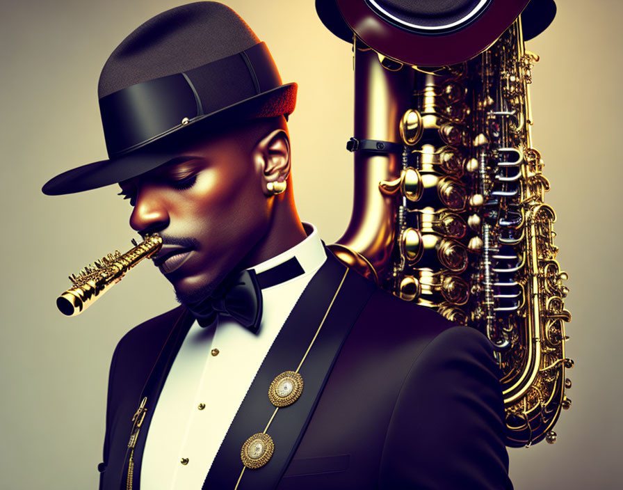 Elegant man in tuxedo & top hat playing saxophone