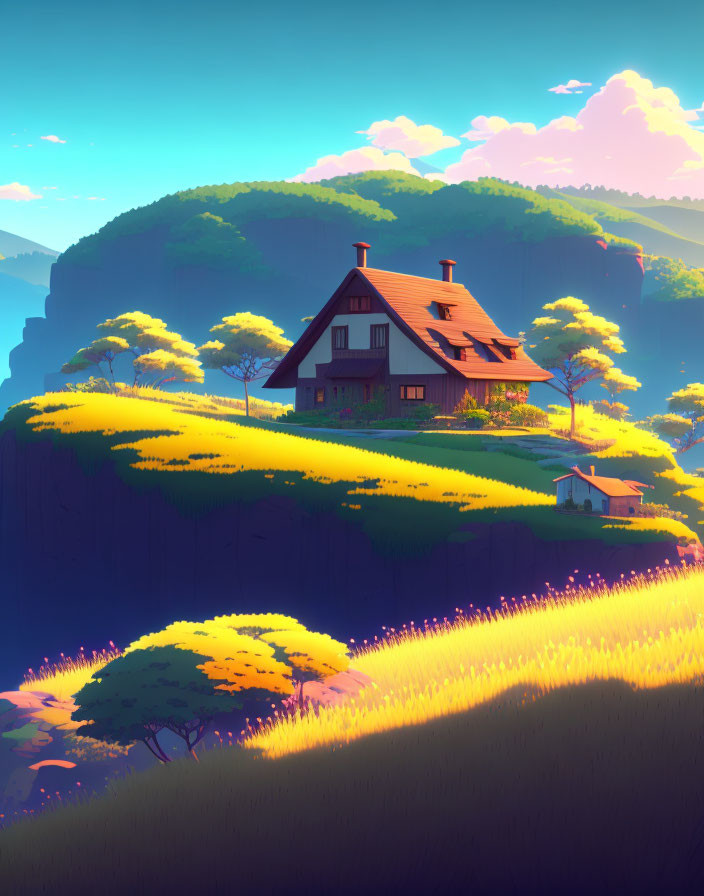 Cliff-top house in golden fields with mountain sunset