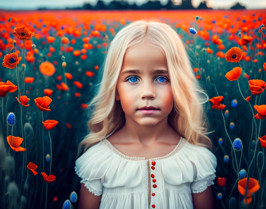 Young girl with blue eyes and blonde hair in vibrant poppy field