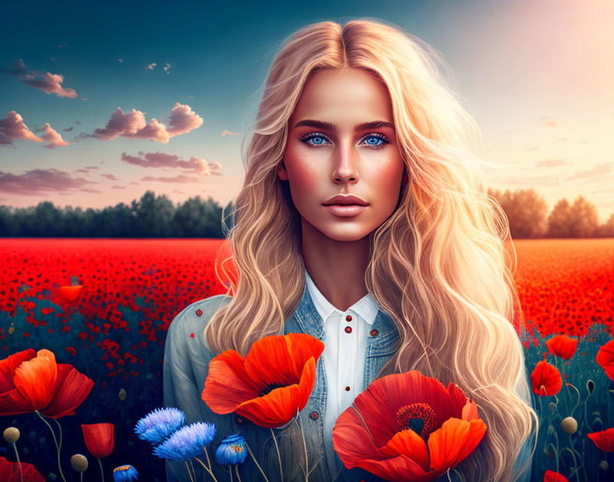 Blonde Woman in Field of Red Poppies at Sunset