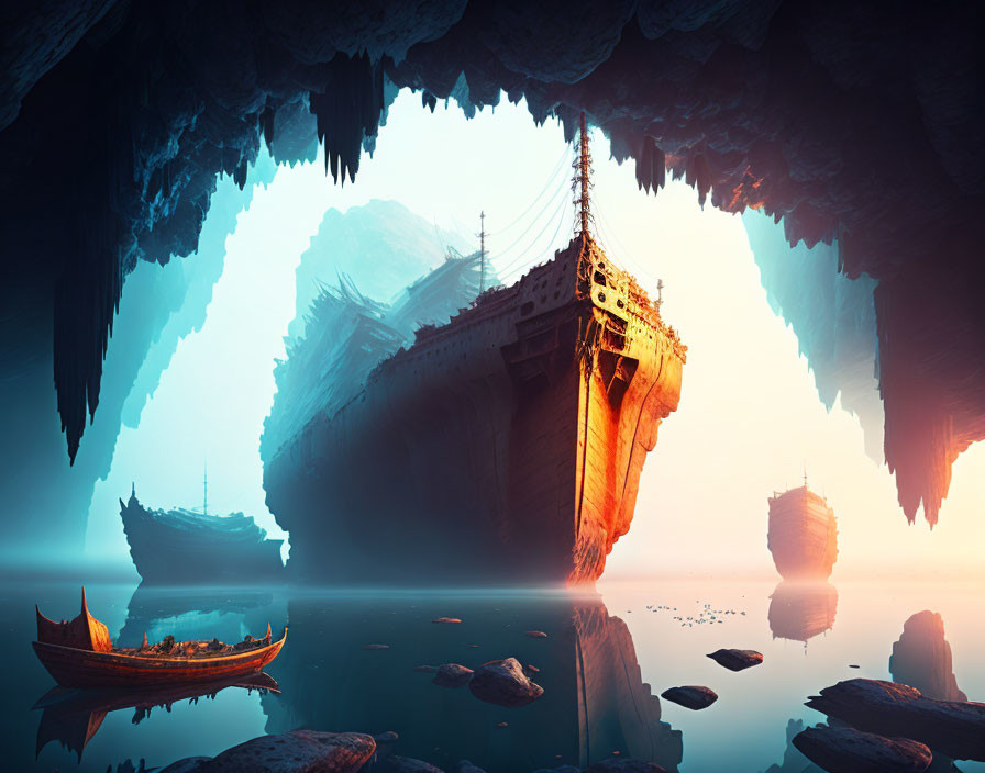 Ancient ships in mystical cave with stalactites and serene waters