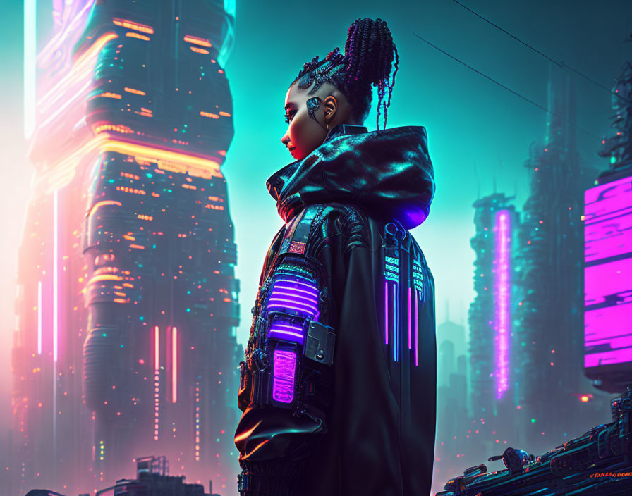 Cyberpunk fashion model in futuristic cityscape with neon lights