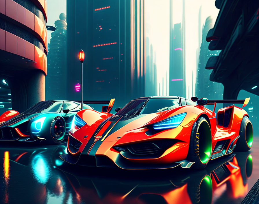 Futuristic sports cars on neon-lit city street at dusk