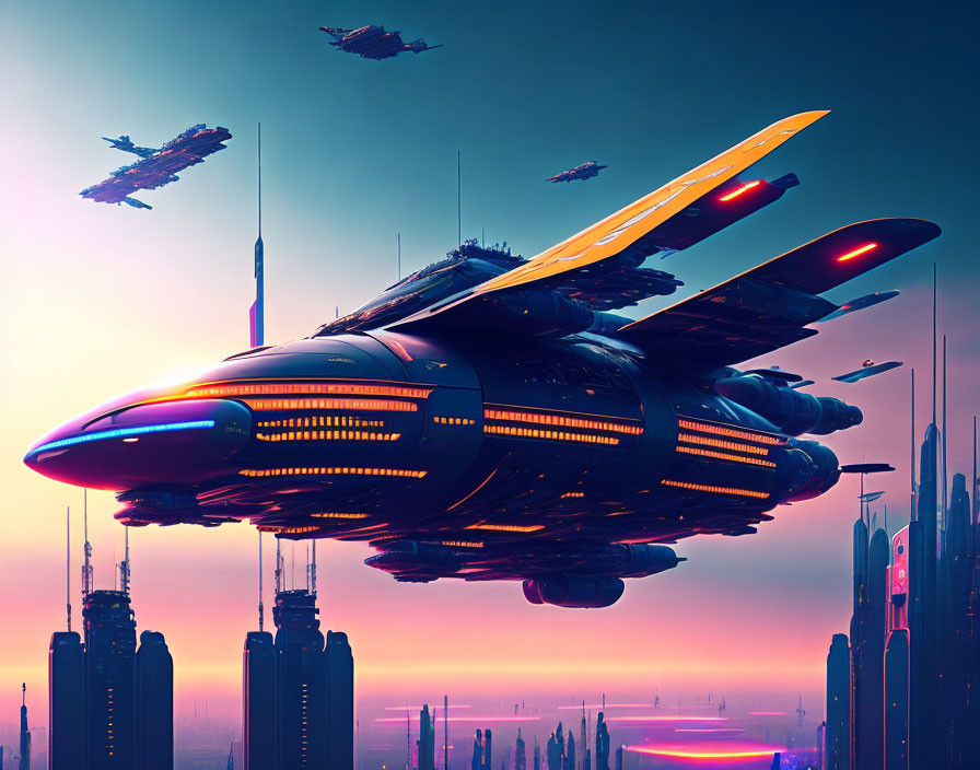 Futuristic spaceship above neon-lit cityscape at dusk