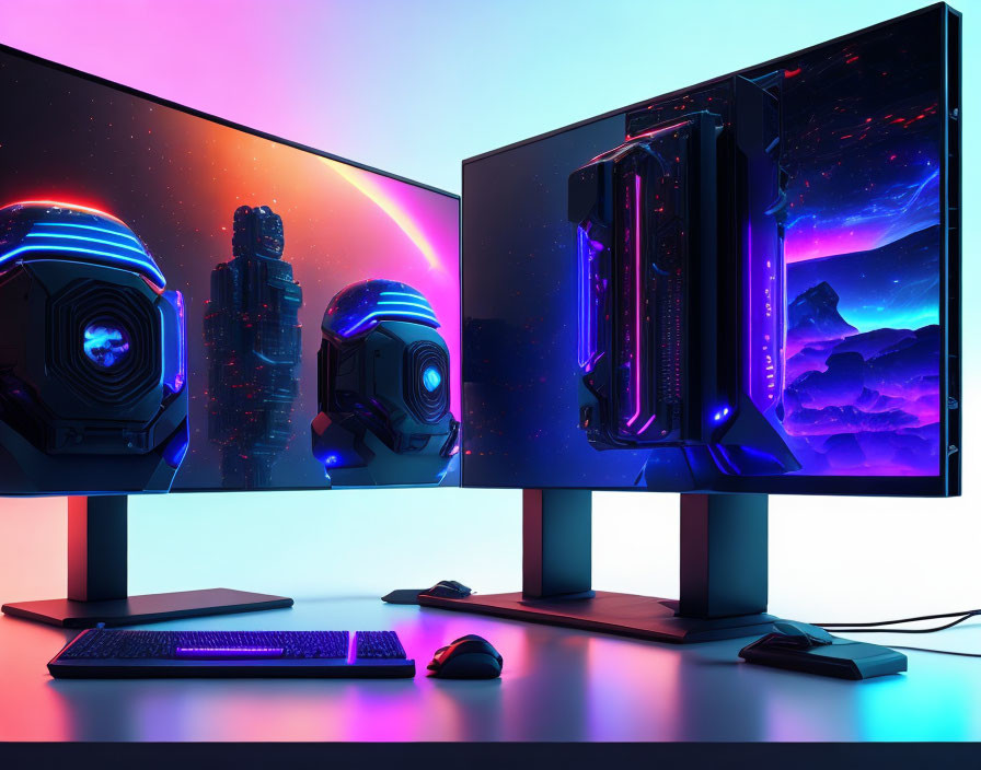 Dual Monitor Gaming Setup with Neon Lights, Sleek Keyboard, Gaming Mouse, & Transparent PC Tower