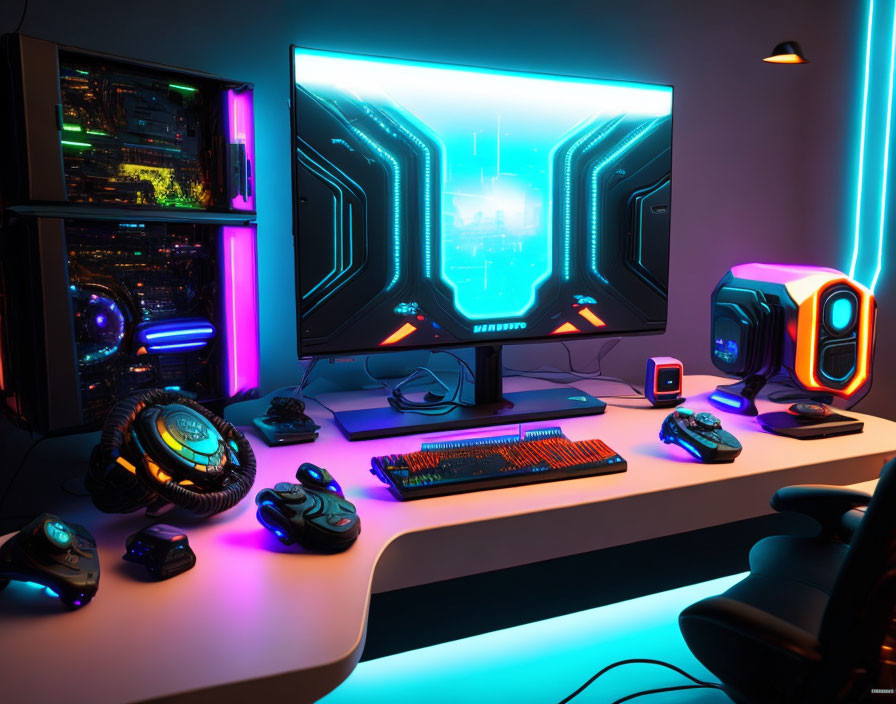 Modern Gaming Setup with Large Monitor & LED Lighting