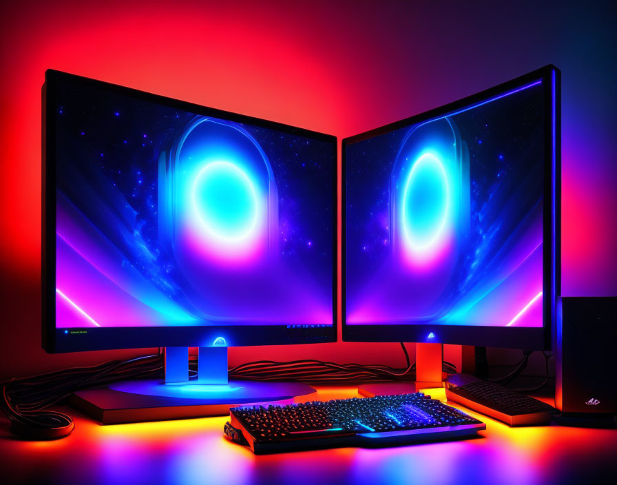 Curved Dual Monitors with Cosmic Wallpaper and RGB Keyboard