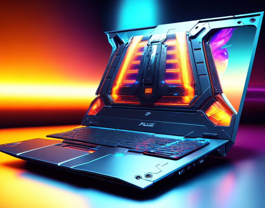 Neon-lit gaming laptop with transparent back panel