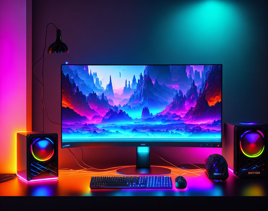 Vibrant gaming setup with LED lights, wide monitor, speakers, keyboard, and mouse