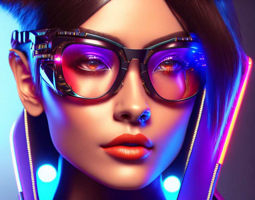 Futuristic 3D Render of Woman with Neon Glasses on Blue Background