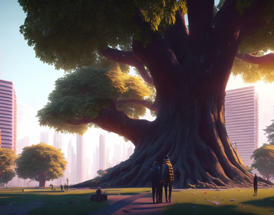 Digital artwork featuring two people by massive tree in futuristic cityscape at sunrise