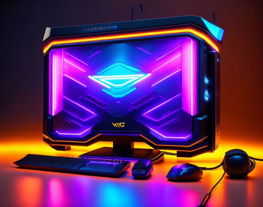 Vibrant RGB Gaming PC Setup on Orange and Purple Background