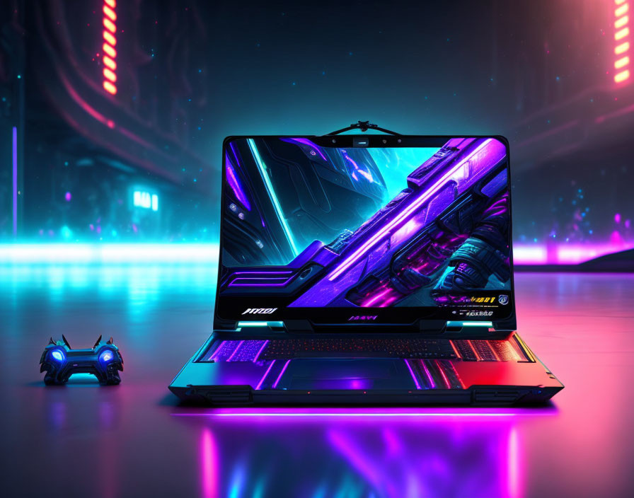 Futuristic car wallpaper on gaming laptop with RGB lighting