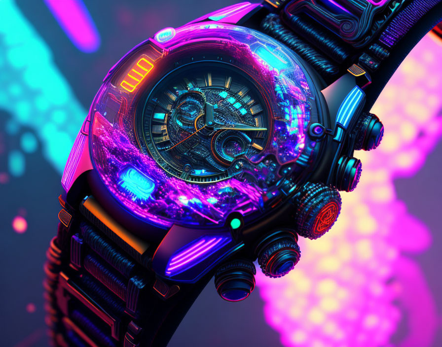 Neon-lit futuristic wristwatch on vibrant bokeh background