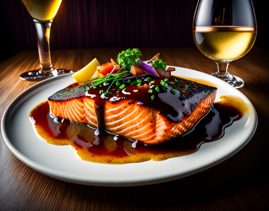 Grilled Salmon with Glaze, Vegetables, Herbs, and White Wine