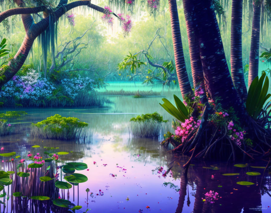 Tranquil swamp scene with vibrant flora and lilypads in soft light