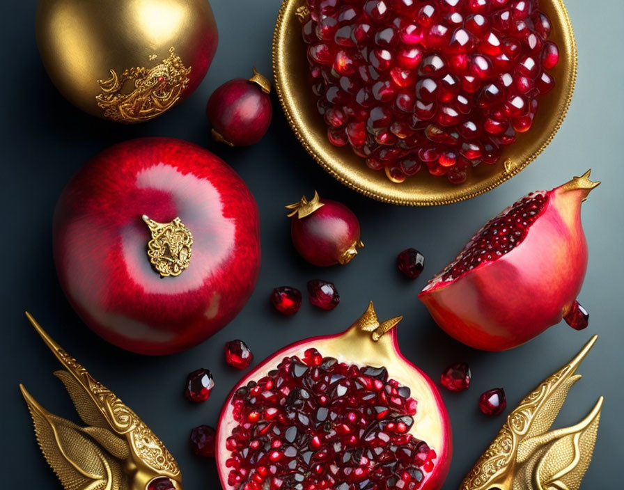 Vibrant pomegranates and golden dishes with ornate gold ornaments on dark background