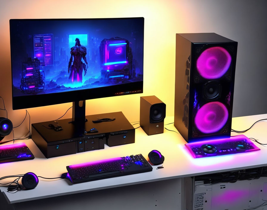 LED Backlit Gaming Setup with Dual Monitors, Glowing Tower, Mechanical Keyboard, and Peripherals