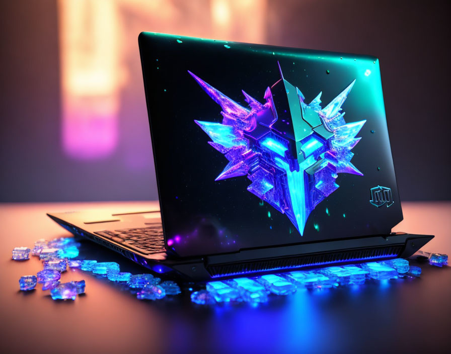 Glowing blue crystal wolf laptop lid with colorful backlighting