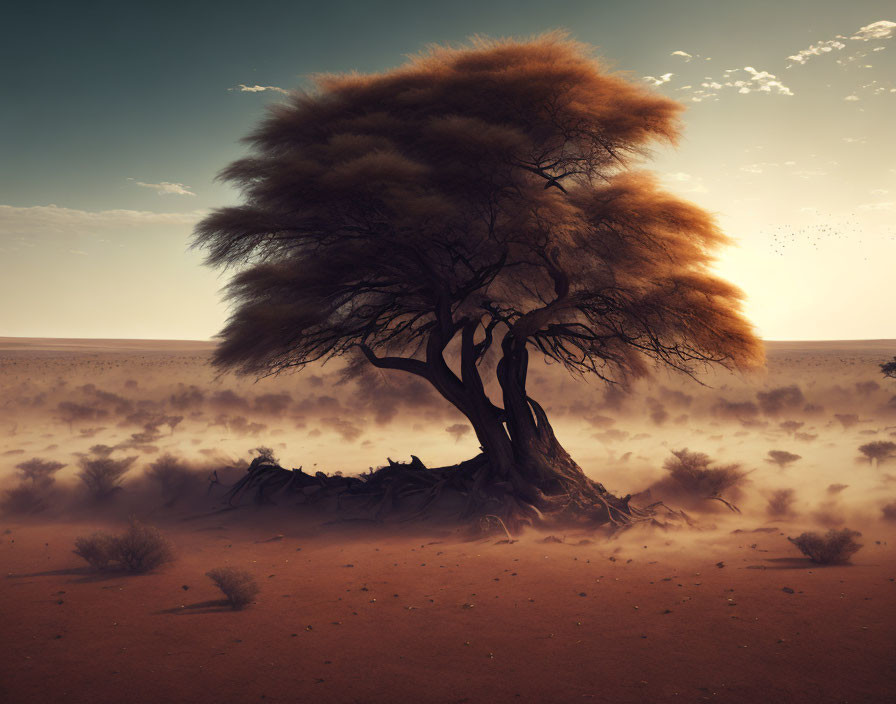 Solitary tree with dense canopy in sandy desert landscape