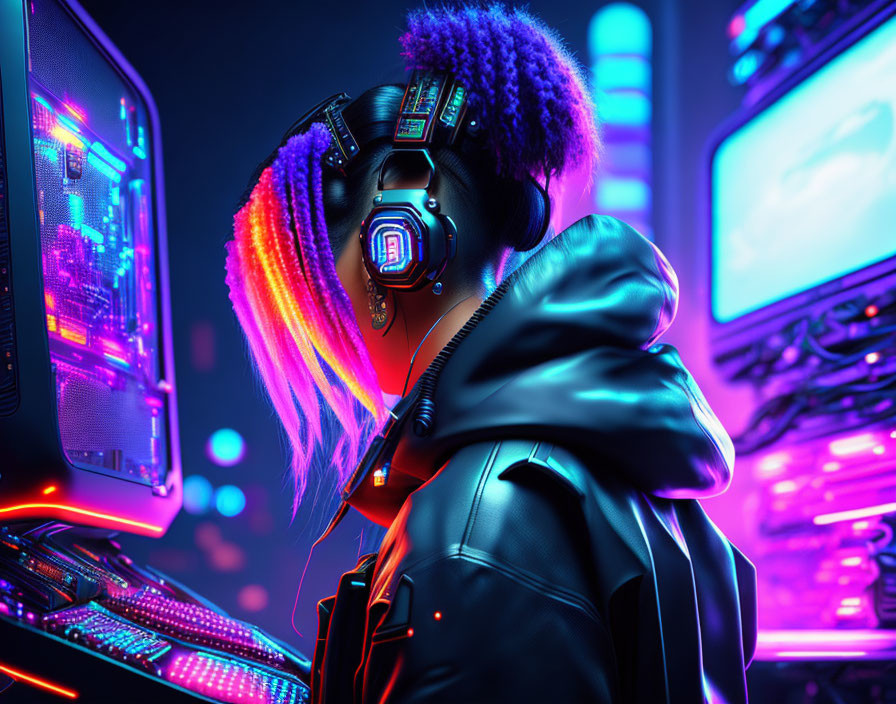 Futuristic mask and neon hair in cyberpunk scene