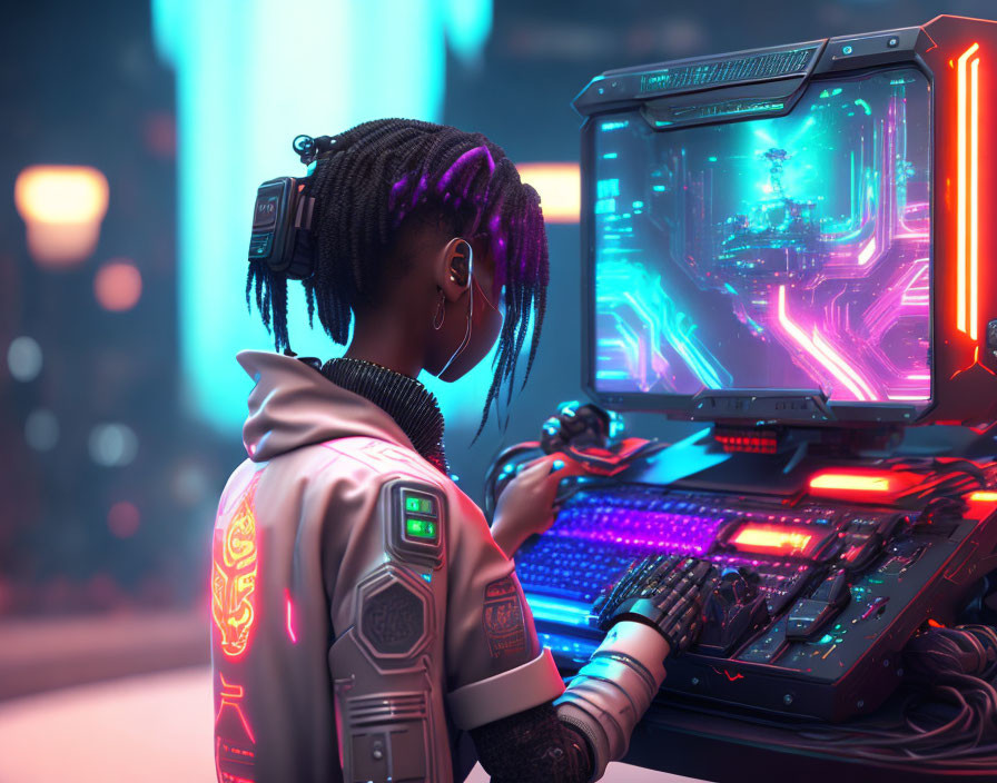 Cybernetically enhanced person using futuristic computer in neon-lit setting