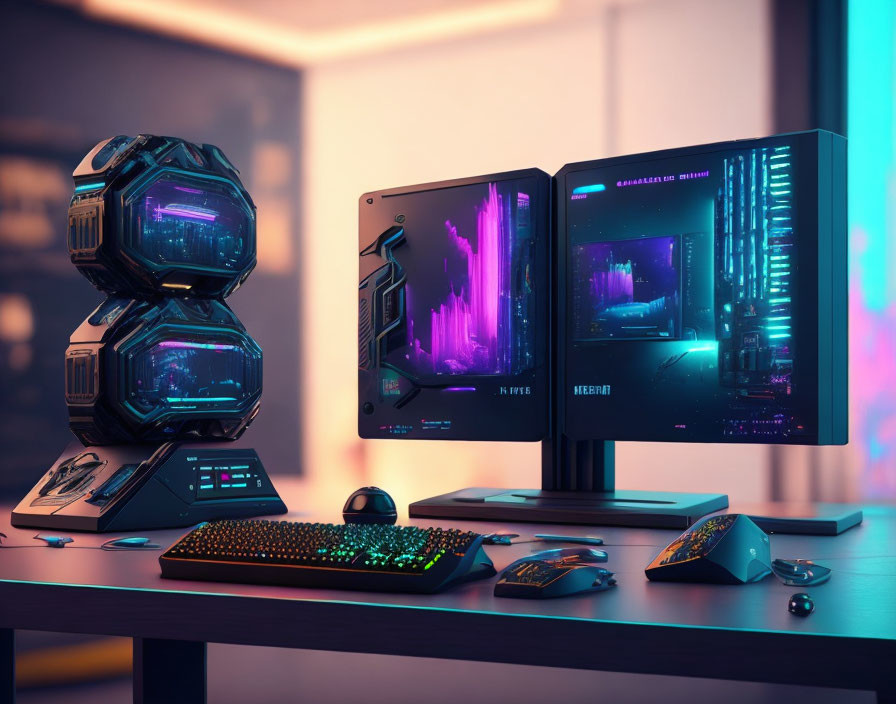 Neon-lit PC Tower, Dual Monitors, RGB Keyboard on Sleek Desk