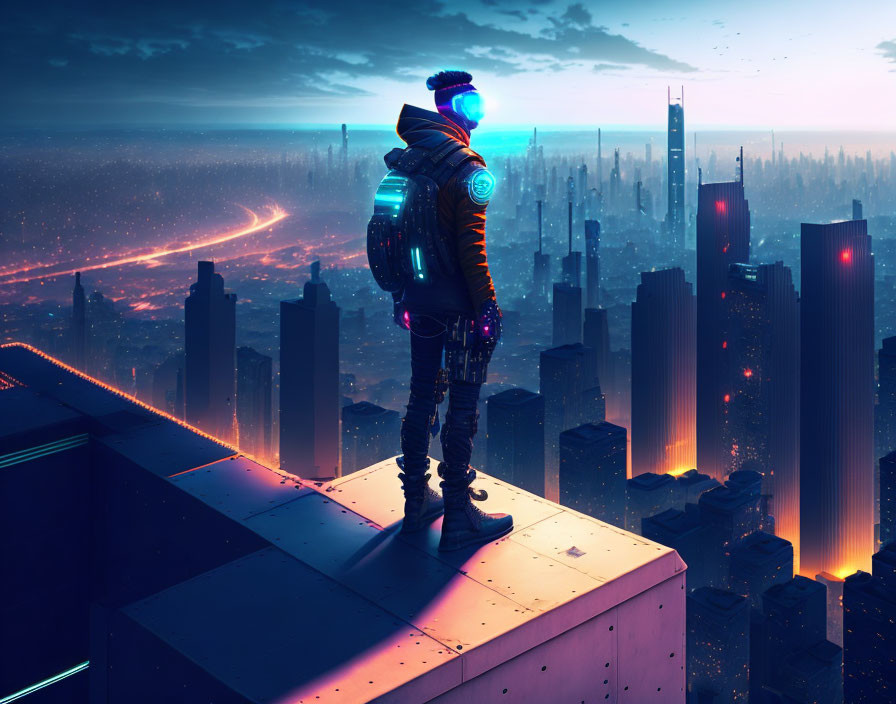 Futuristic traveler on skyscraper overlooking neon-lit cityscape