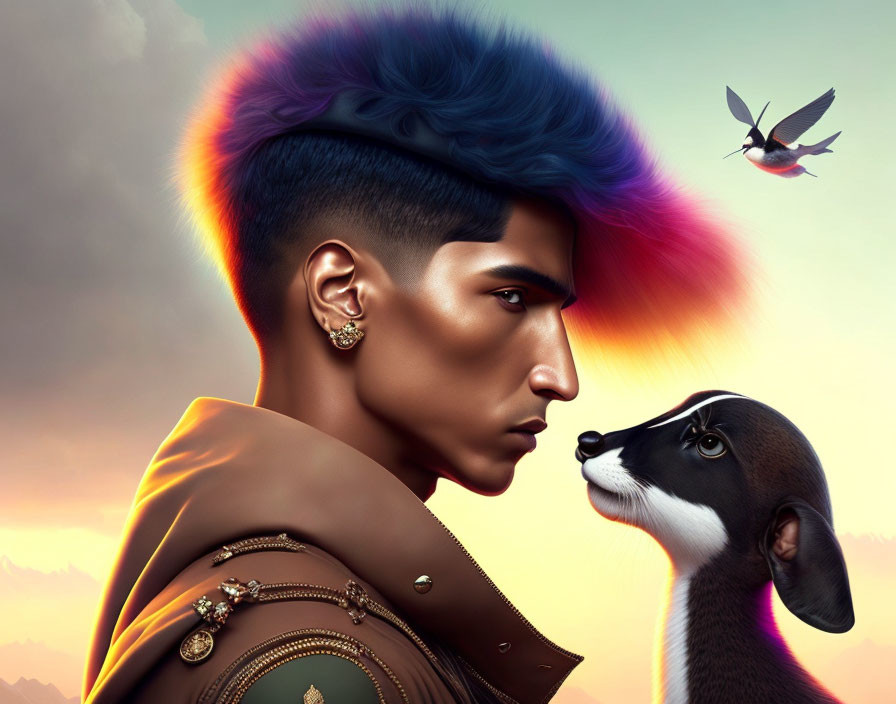 Man with Blue Hair and Earring in Digital Artwork with Stylized Deer and Bird at Sunset