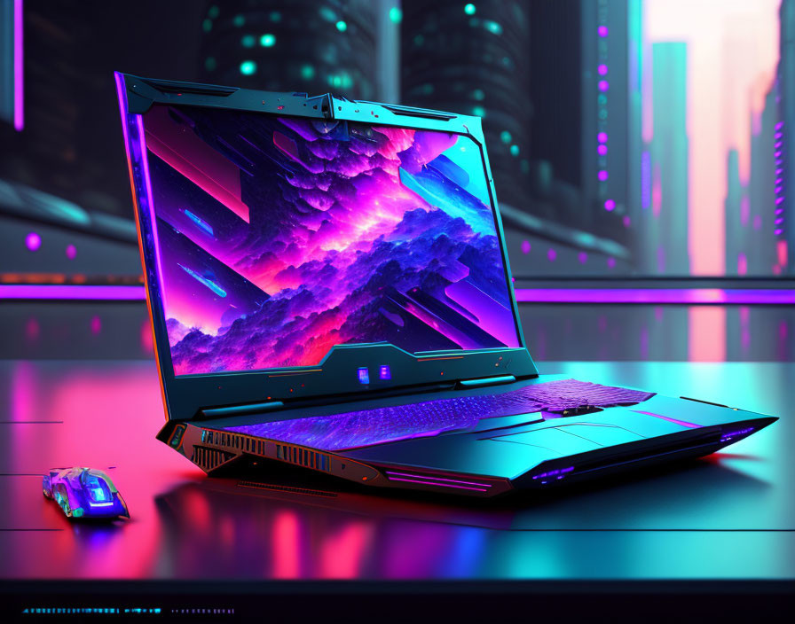 Glowing backlit keyboard on futuristic gaming laptop with neon cityscape wallpaper and sports car mouse