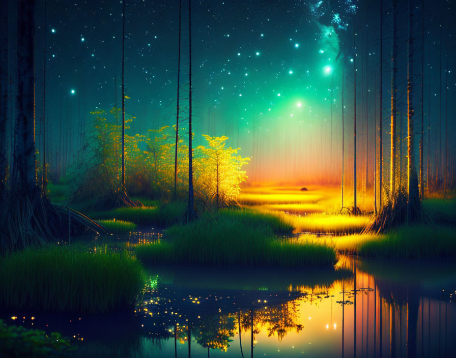 Serene forest night scene with tall trees, starry sky, and mystical green aurora