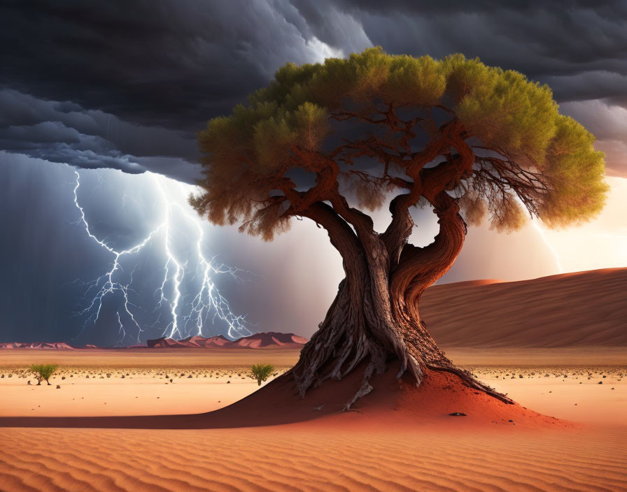 Twisting tree with green foliage in desert landscape under dramatic sky