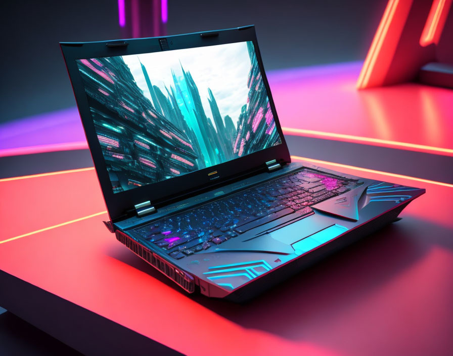 Gaming laptop with RGB keyboard on desk with neon lights