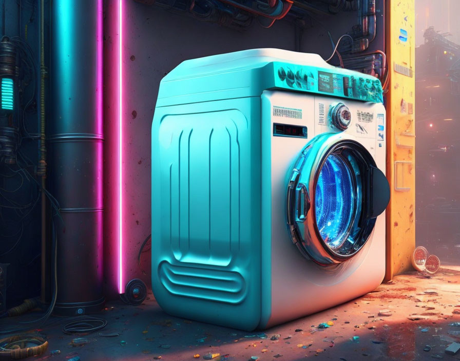 Futuristic illuminated washing machine with open blue door surrounded by neon lights