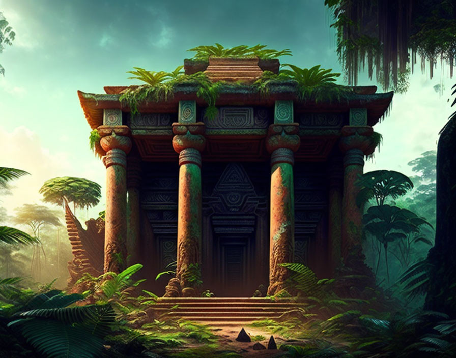 Intricate ancient temple in jungle setting with soft filtered light