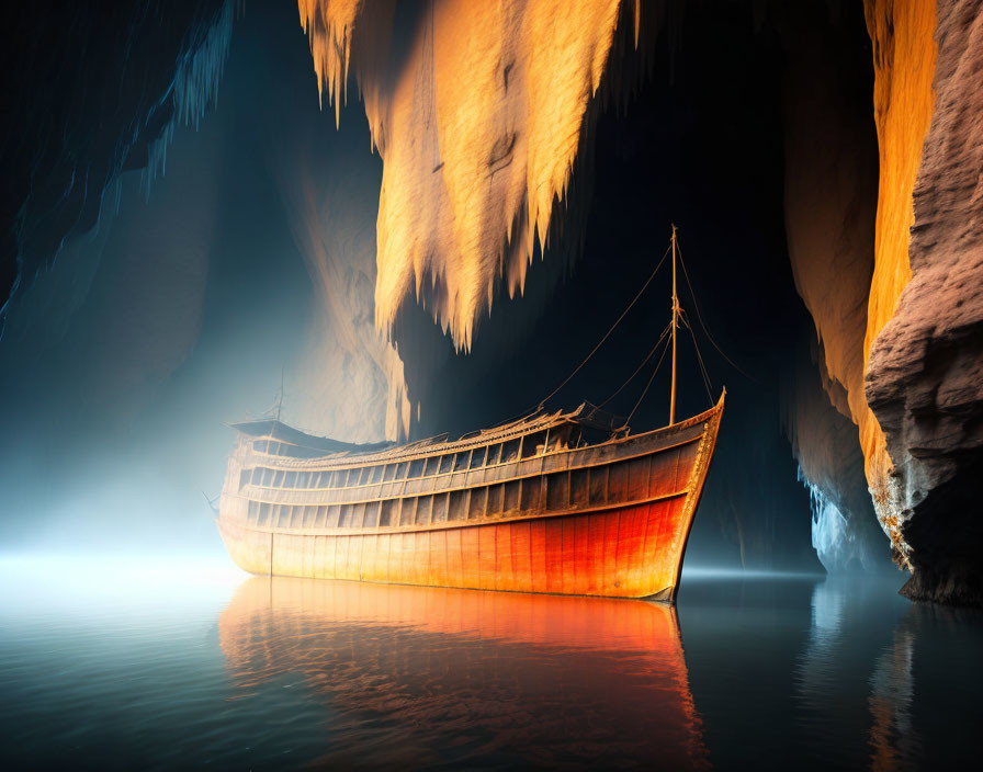 Ancient wooden ship in misty cave with stalactites